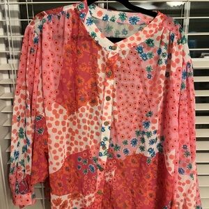 Floral Patchwork Button-Front Blouse in Pink & Coral
